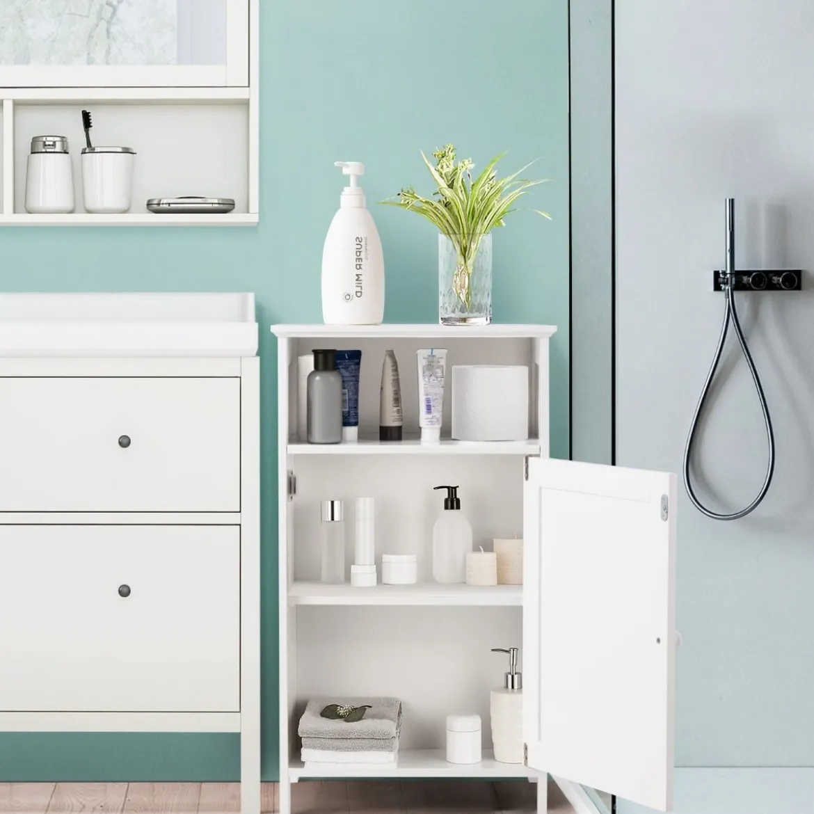 Badezimmer-Schrank Multifunktionales Freistehendes Regal mit Tür 40 X 30 X 70 cm Weiß