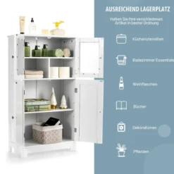 Badezimmerschrank 4-Türiger Freistehender Aufbewahrungsschrank mit Glastüren Weiß