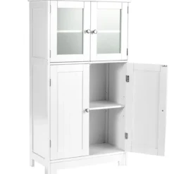 Badezimmerschrank 4-Türiger Freistehender Aufbewahrungsschrank mit Glastüren Weiß