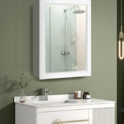 Badezimmerschrank wandmontierter Aufbewahrungsschrank mit Spiegel 50 x 16 x 66 cm Weiß