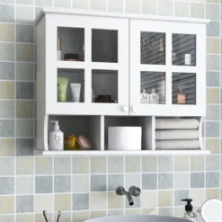 Badezimmerschrank zur Wandmontage Wandschrank mit Regalen und offenen Fächern Weiß