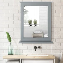 Badezimmerspiegel mit Ablage Rechteckiger Badspiegel Wandspiegel 68,5 x 57 x 12 cm Grau