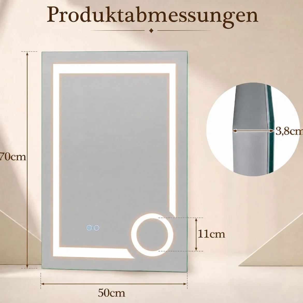 Badezimmerspiegel mit Beleuchtung Anti-Beschlag & 3-fach-Vergrößerungsspiegel 70 x 50 cm Silber