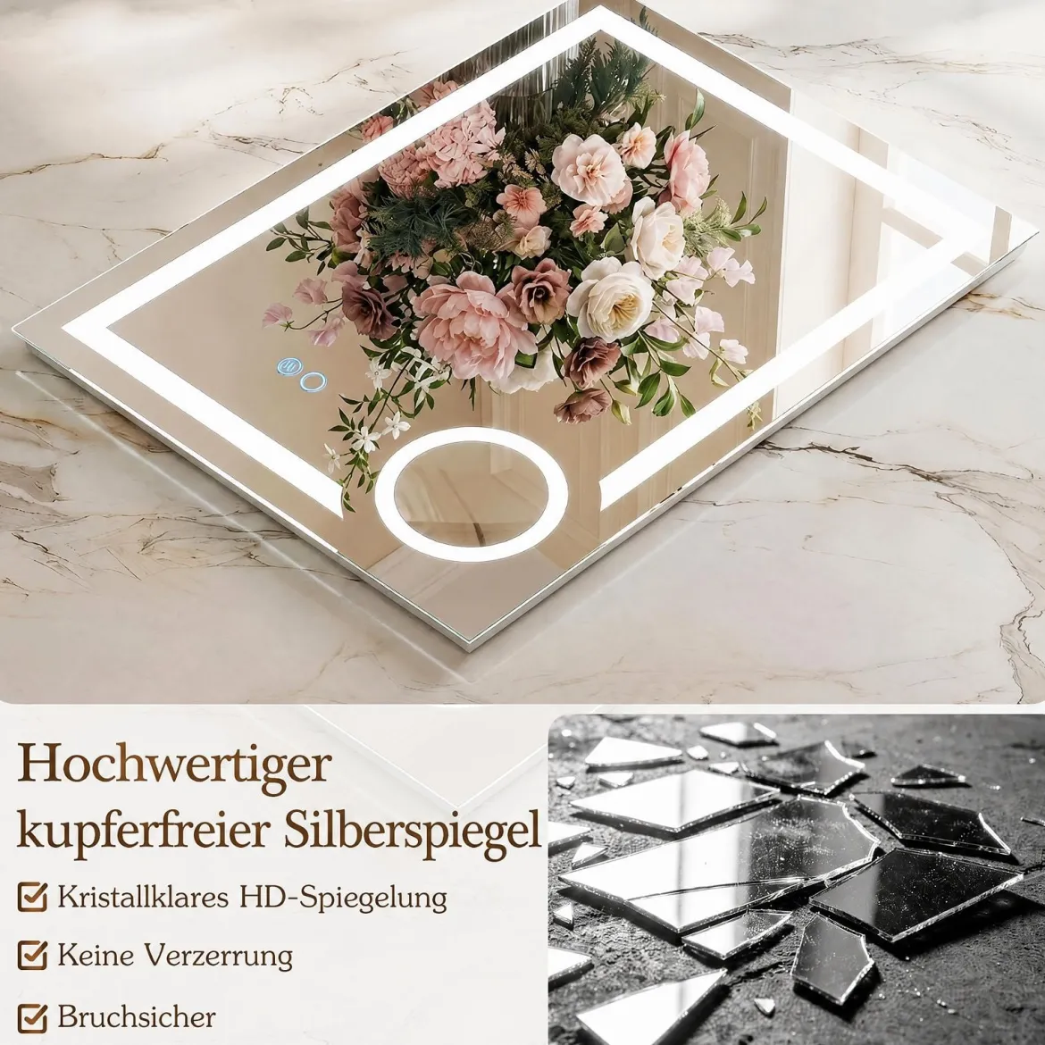 Badezimmerspiegel mit Beleuchtung Anti-Beschlag & 3-fach-Vergrößerungsspiegel 70 x 50 cm Silber
