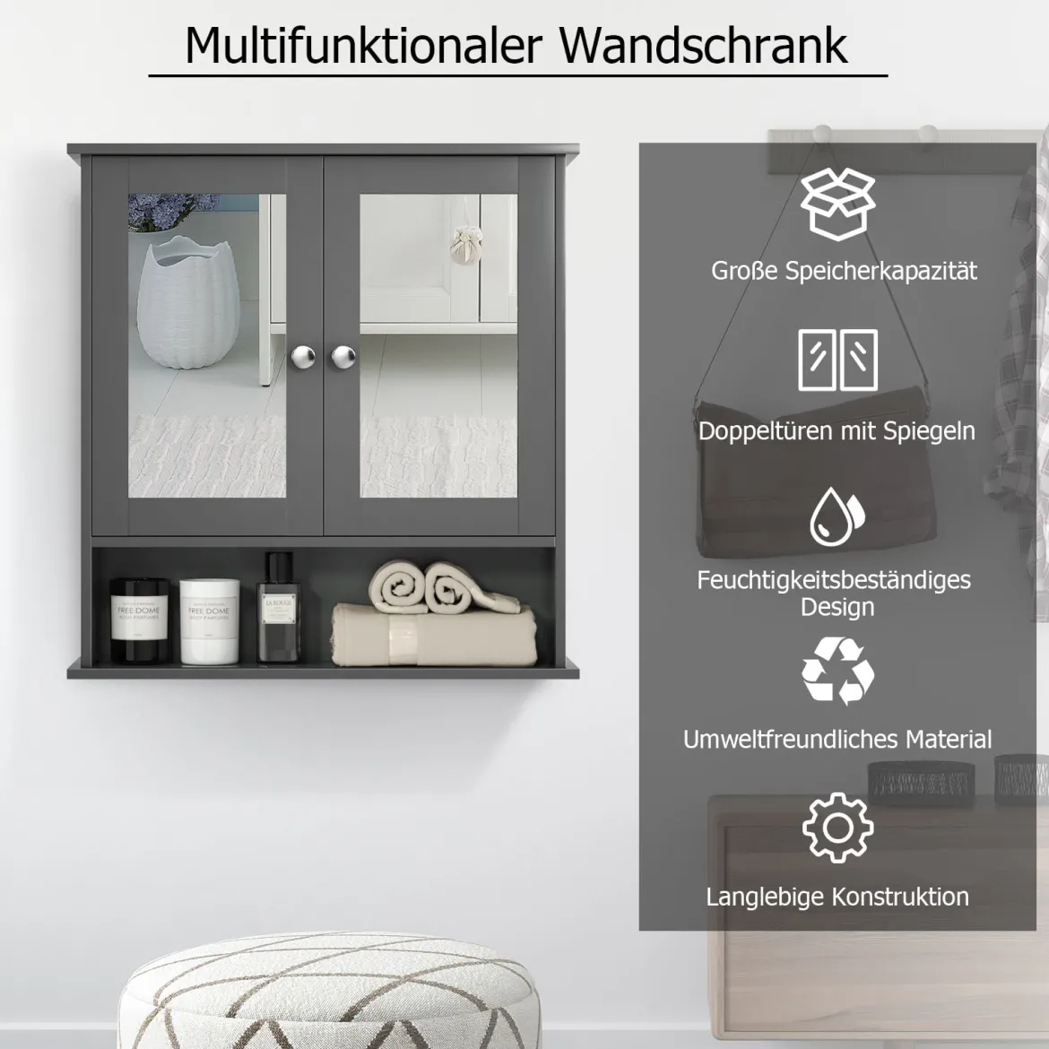 Badezimmer Spiegelschrank mit Höhenverstellbarer Ablage Badschrank mit Spiegel Grau