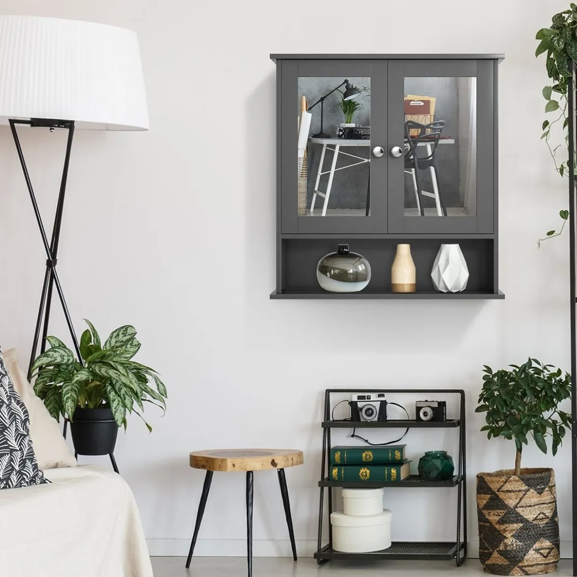 Badezimmer Spiegelschrank mit Höhenverstellbarer Ablage Badschrank mit Spiegel Grau