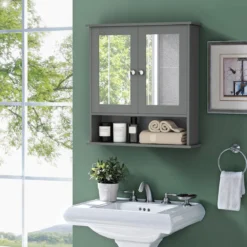 Badezimmer Spiegelschrank mit Höhenverstellbarer Ablage Badschrank mit Spiegel Grau