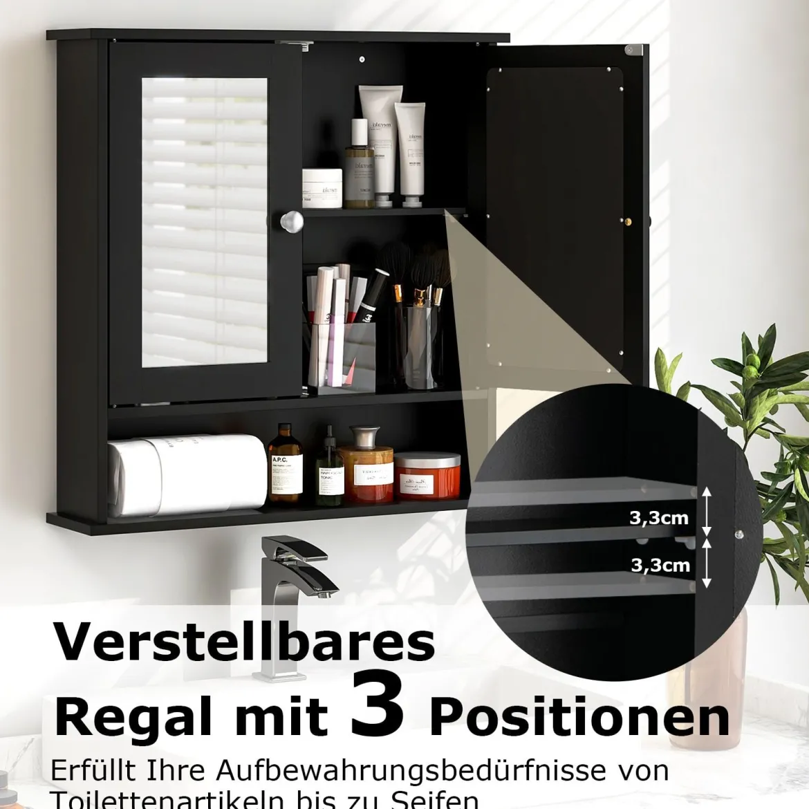 Badezimmer Spiegelschrank mit Höhenverstellbarer Ablage Badschrank mit Spiegel Schwarz