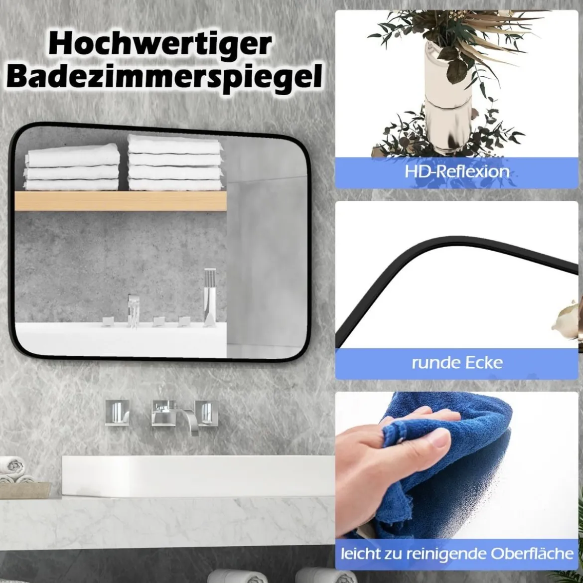 Badezimmerspiegel 70 x 50 cm großer Kosmetikspiegel mit bruchsicherer Folie Rechteckig
