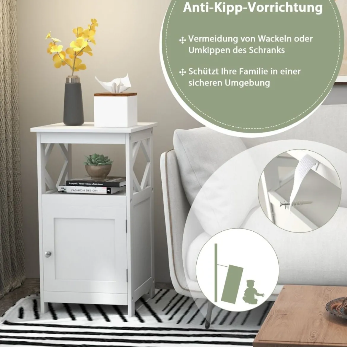 Badezimmer Standschrank mit Offener Ablage & Anti-Kipp-Vorrichtung Schmaler Seitenschrank Weiß