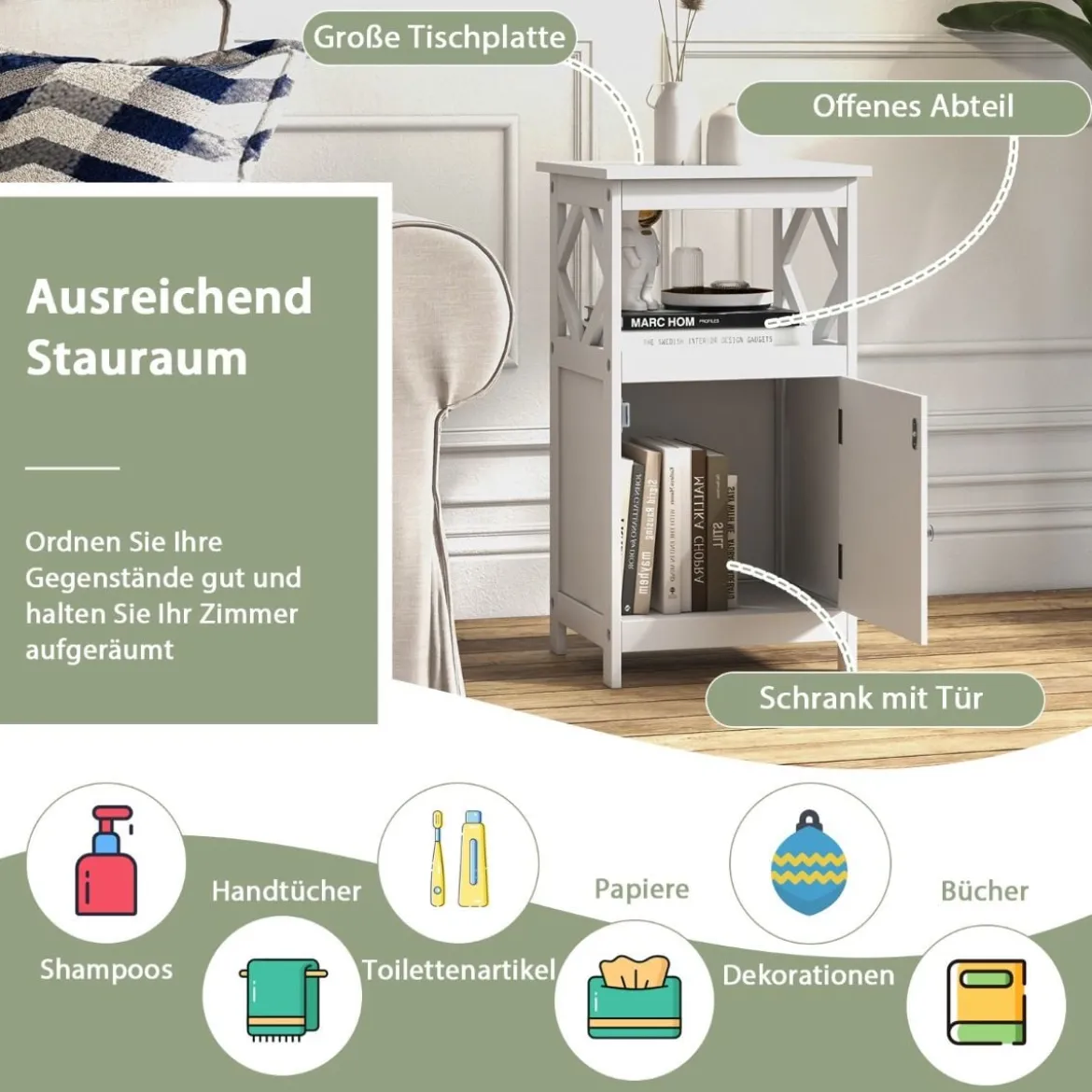 Badezimmer Standschrank mit Offener Ablage & Anti-Kipp-Vorrichtung Schmaler Seitenschrank Weiß