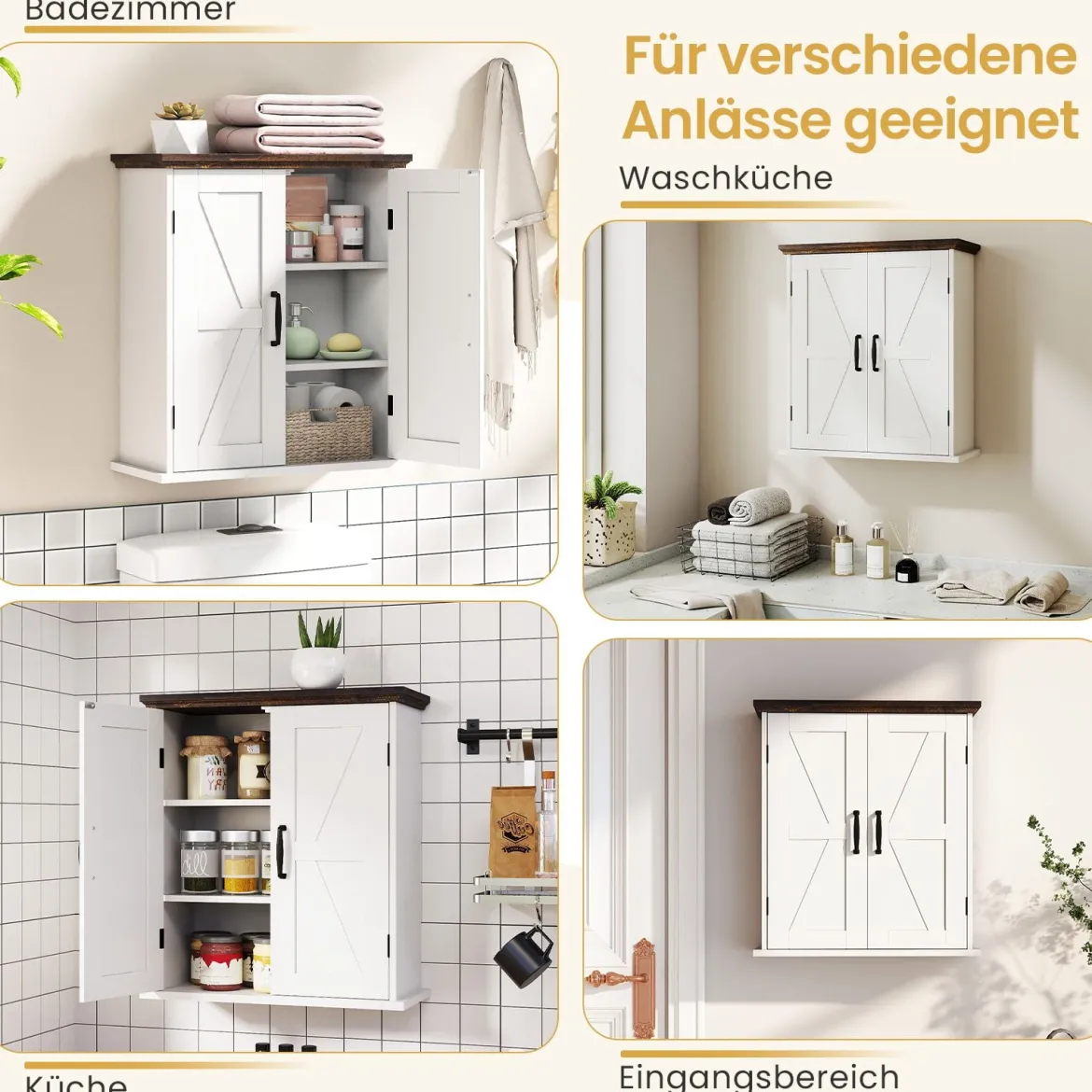 Badezimmer Wandschrank mit 2 Türen & Verstellbaren Regalen Bauernhaus Hängeschrank Weiß