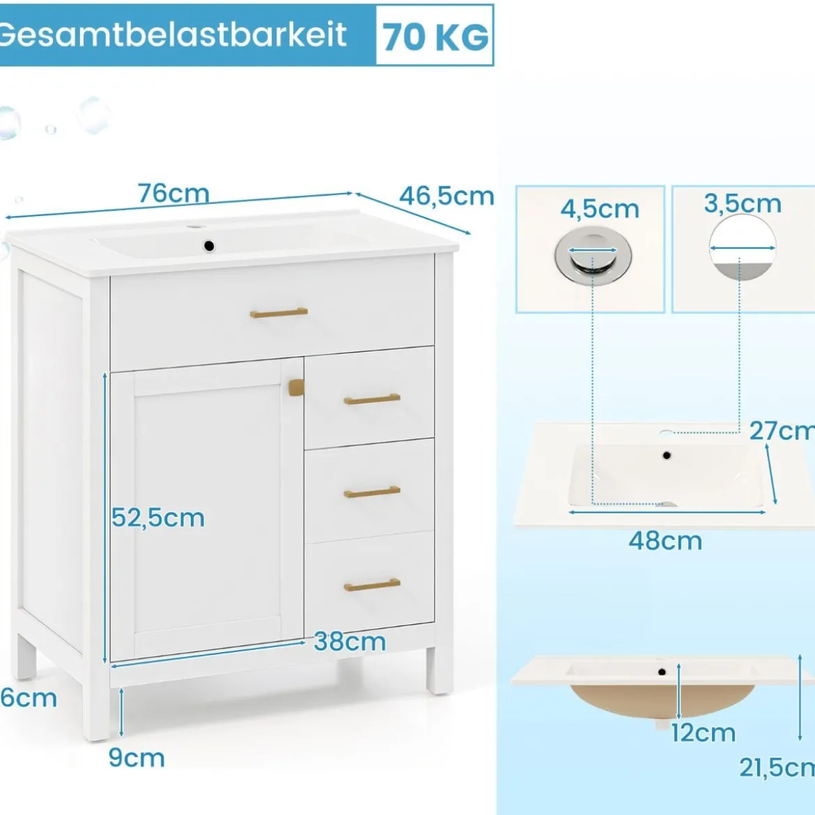 Badezimmer Waschbeckenmöbel mit Becken & 2 Schubladen & 2 Türen Badezimmerschrank