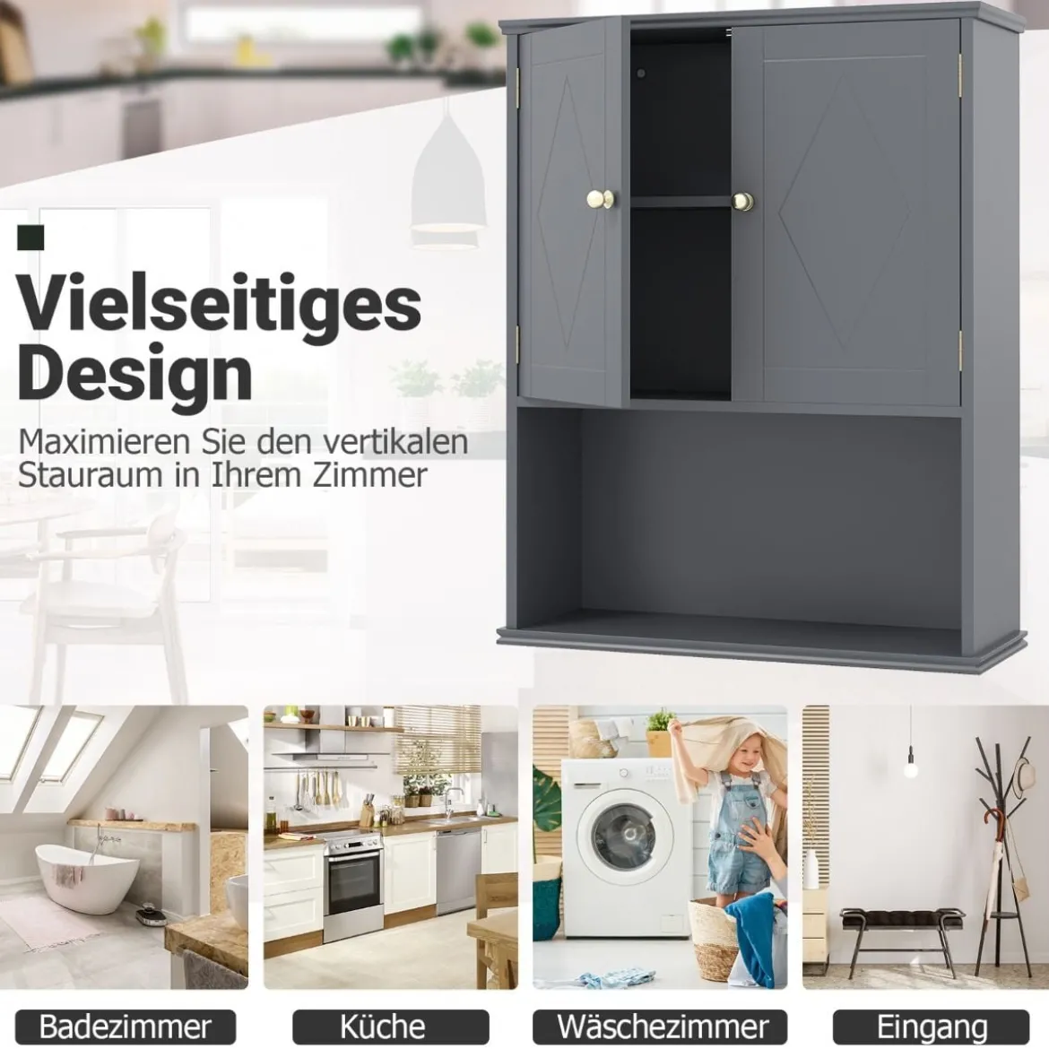 Bad Hängeschrank mit 2Türen & Offener Ablage & Verstellbarem Regal Badschrank Grau