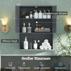 Bad Hängeschrank mit 2Türen & Offener Ablage & Verstellbarem Regal Badschrank Grau