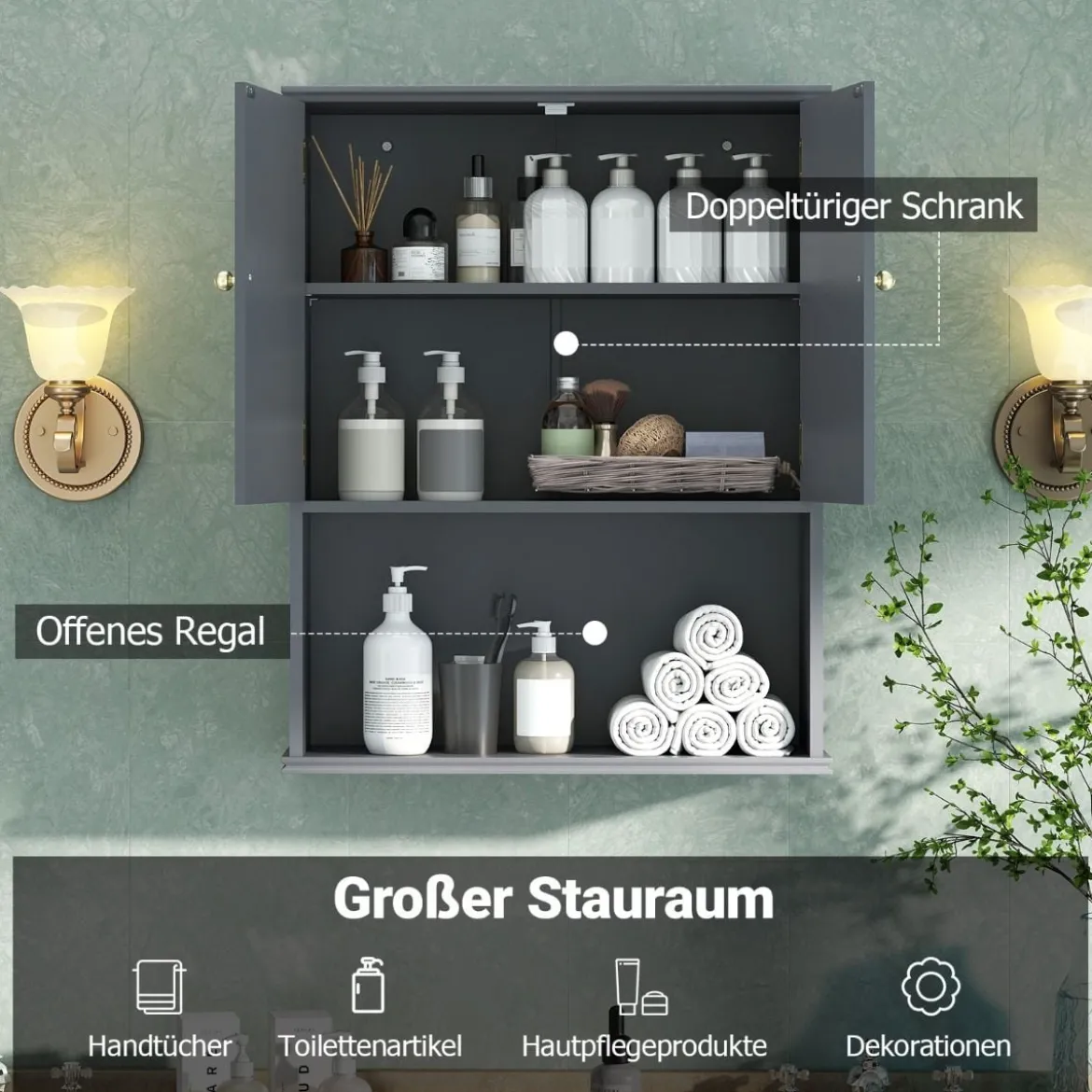 Bad Hängeschrank mit 2Türen & Offener Ablage & Verstellbarem Regal Badschrank Grau