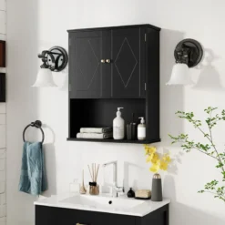 Bad Hängeschrank mit 2Türen & Offener Ablage & Verstellbarem Regal Badschrank Schwarz