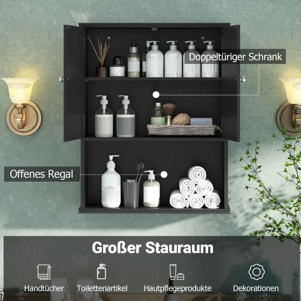 Bad Hängeschrank mit 2Türen & Offener Ablage & Verstellbarem Regal Badschrank Schwarz