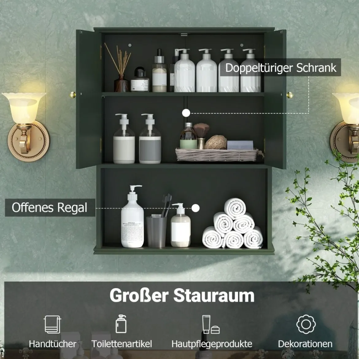 Bad Hängeschrank mit 2Türen & Offener Ablage & Verstellbarem Regal Badschrank Grün