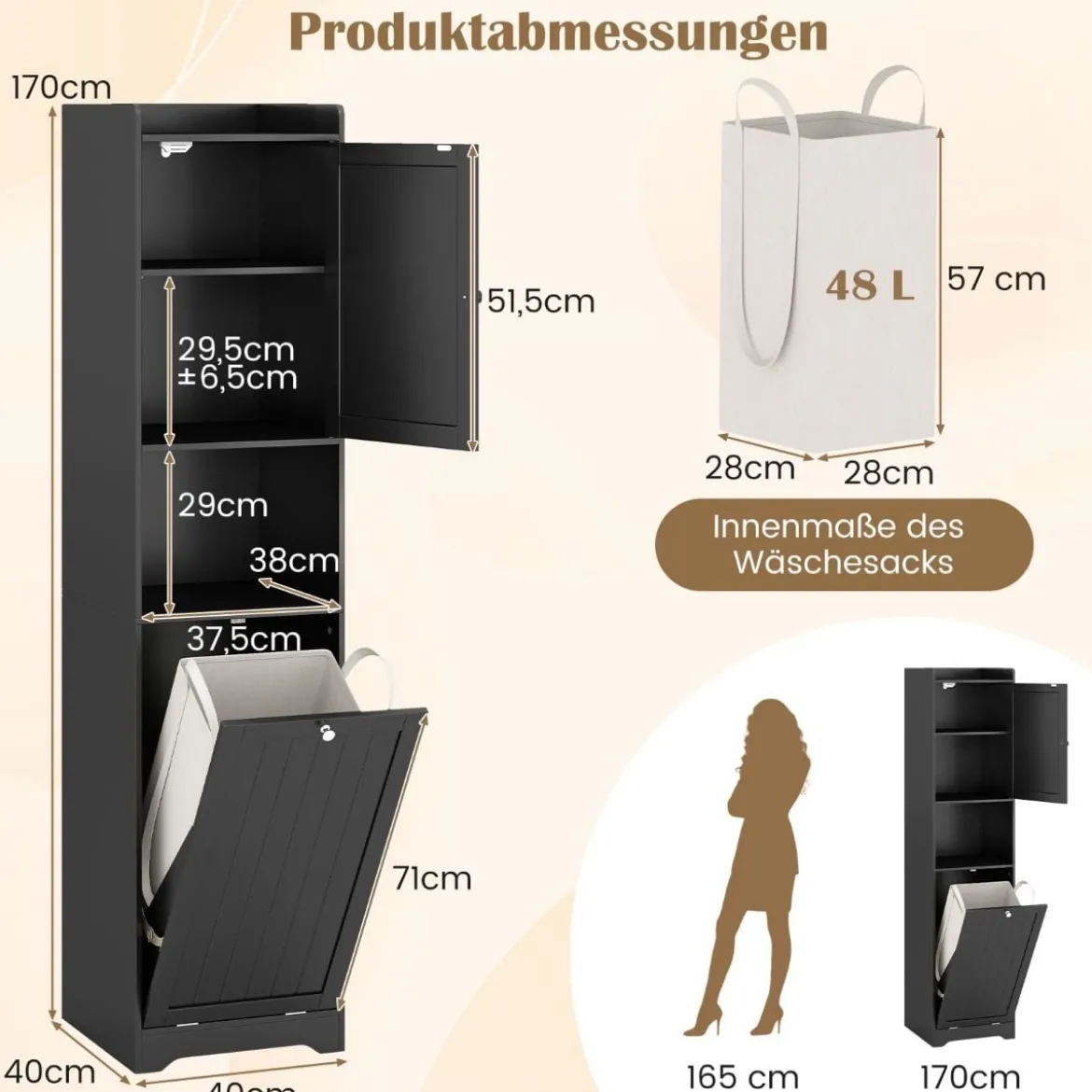 Bad Hochschrank mit Wäschekorb & Verstellbarem Regal Badezimmerschrank Badschrank Schwarz