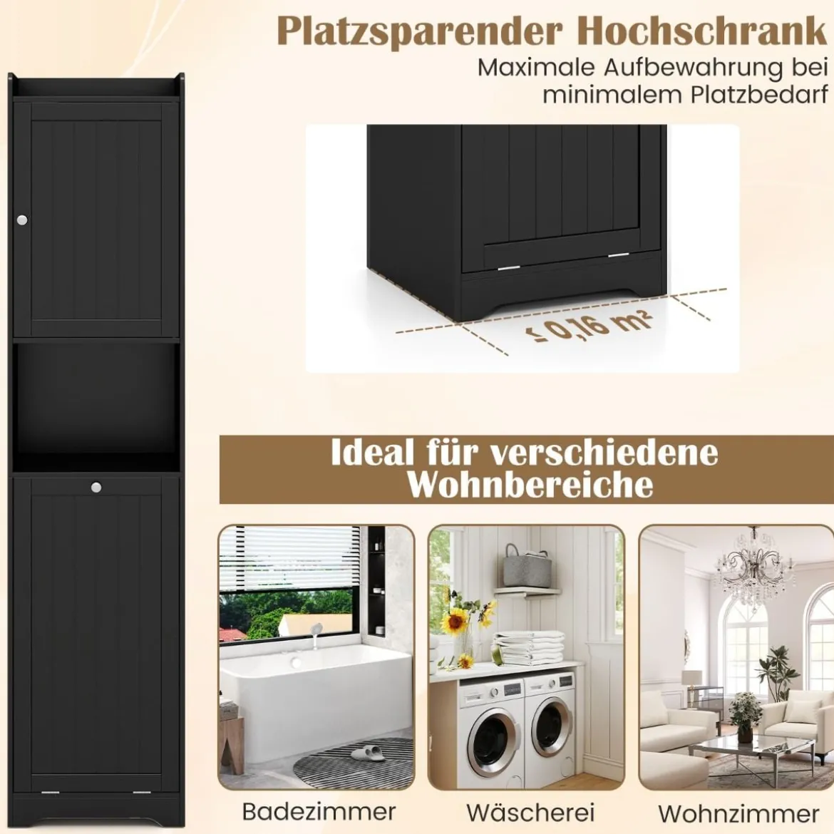 Bad Hochschrank mit Wäschekorb & Verstellbarem Regal Badezimmerschrank Badschrank Schwarz
