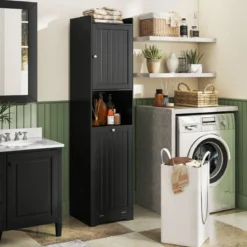 Bad Hochschrank mit Wäschekorb & Verstellbarem Regal Badezimmerschrank Badschrank Schwarz