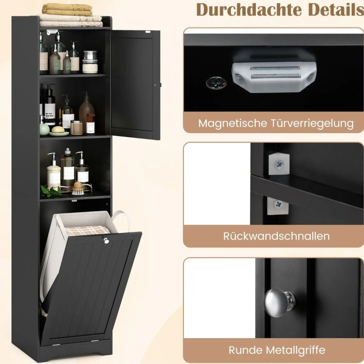 Bad Hochschrank mit Wäschekorb & Verstellbarem Regal Badezimmerschrank Badschrank Schwarz