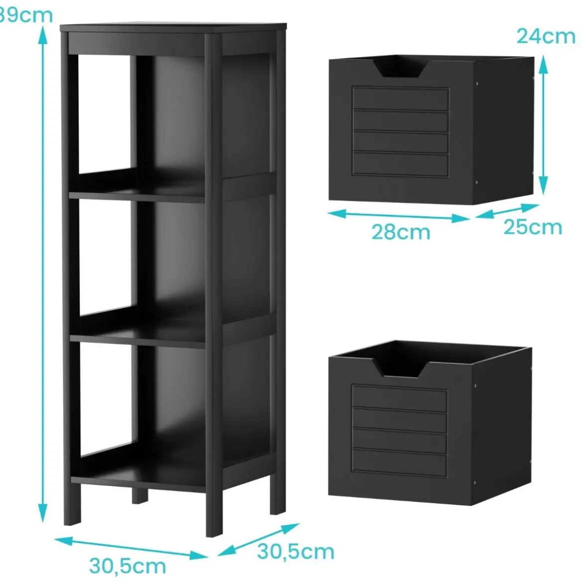 Badkommode aus Holz Badschrank mit 2 Schubladen 30 x 30 x 89 cm Schwarz