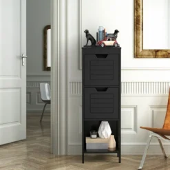 Badkommode aus Holz Badschrank mit 2 Schubladen 30 x 30 x 89 cm Schwarz