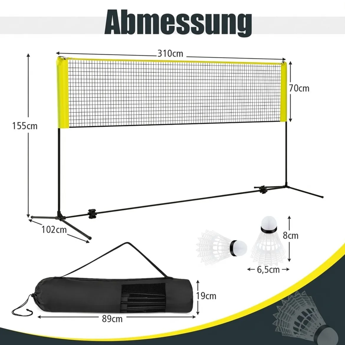 Badmintonnetz mit Ständer Federballnetz höhenverstellbar mit 2 Federbällen & Tragetasche 310 x 102 x 89–155 cm Gelb