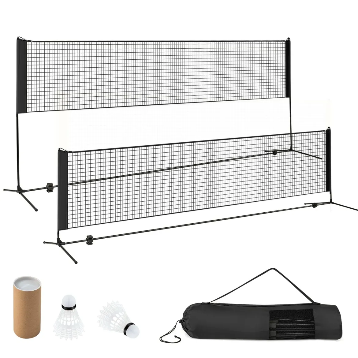 Badmintonnetz mit Ständer Federballnetz höhenverstellbar mit 2 Federbällen & Tragetasche 420 x 102 x 89–155 cm Schwarz