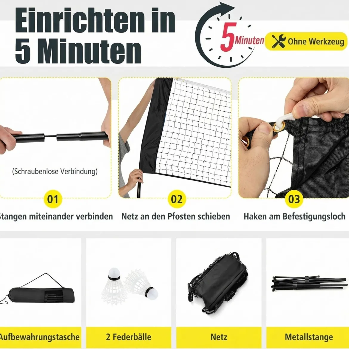 Badmintonnetz mit Ständer Federballnetz höhenverstellbar mit 2 Federbällen & Tragetasche 420 x 102 x 89–155 cm Schwarz
