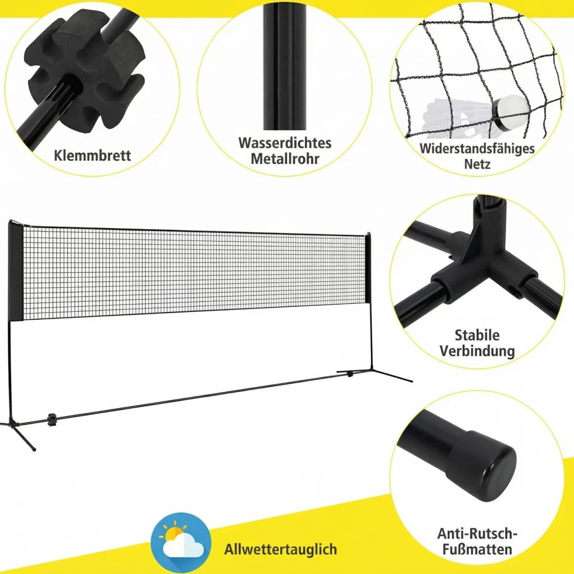 Badmintonnetz mit Ständer Federballnetz höhenverstellbar mit 2 Federbällen & Tragetasche 420 x 102 x 89–155 cm Schwarz