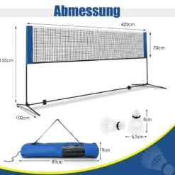 Badmintonnetz mit Ständer Federballnetz höhenverstellbar mit 2 Federbällen & Tragetasche 420 x 102 x 89–155 cm Blau
