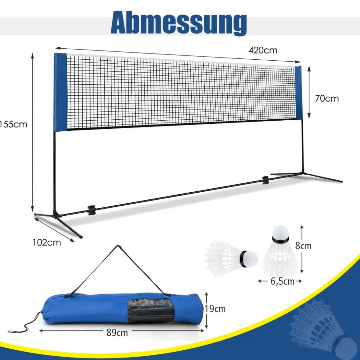Badmintonnetz mit Ständer Federballnetz höhenverstellbar mit 2 Federbällen & Tragetasche 420 x 102 x 89–155 cm Blau