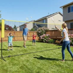 Badmintonnetz mit Ständer Federballnetz höhenverstellbar mit 2 Federbällen & Tragetasche 420 x 102 x 89–155 cm Gelb