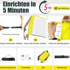 Badmintonnetz mit Ständer Federballnetz höhenverstellbar mit 2 Federbällen & Tragetasche 420 x 102 x 89–155 cm Gelb