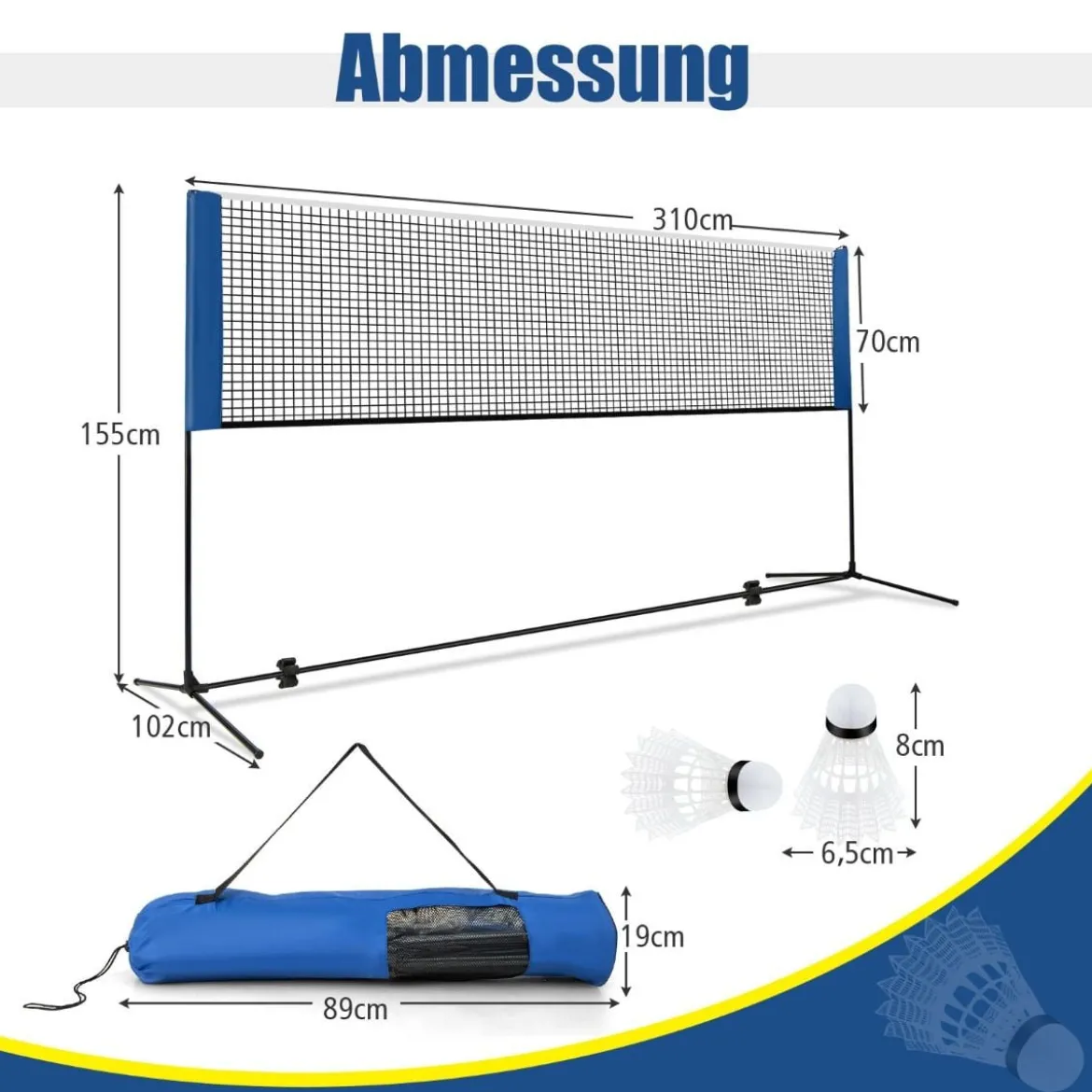 Badmintonnetz mit Ständer Federballnetz höhenverstellbar mit 2 Federbällen & Tragetasche 310 x 102 x 89–155 cm