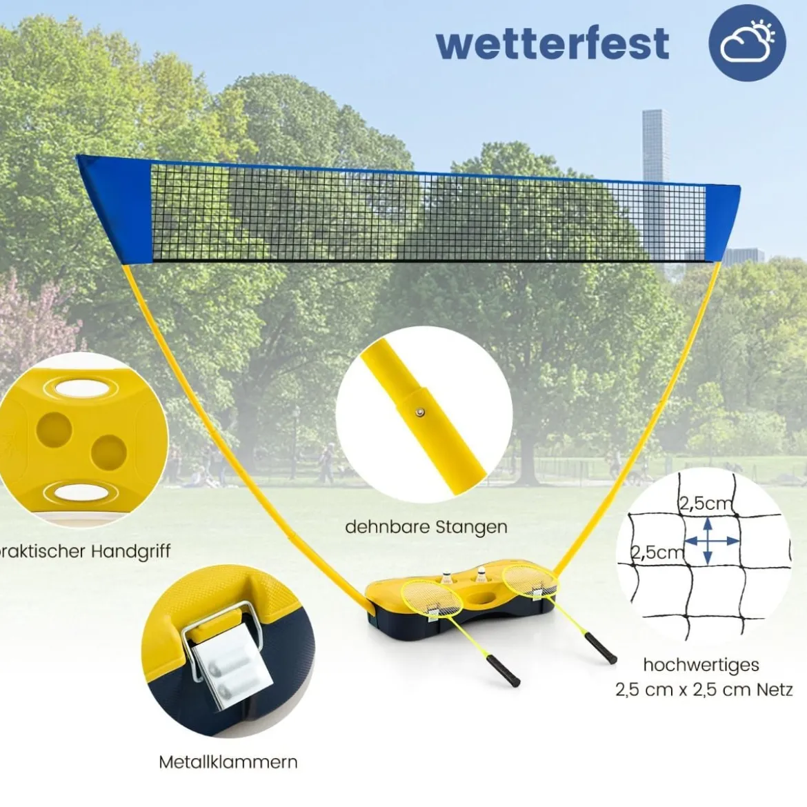 Badminton Netzständer tragbares Federballspiel mit Schlägern Komplett Badminton Set