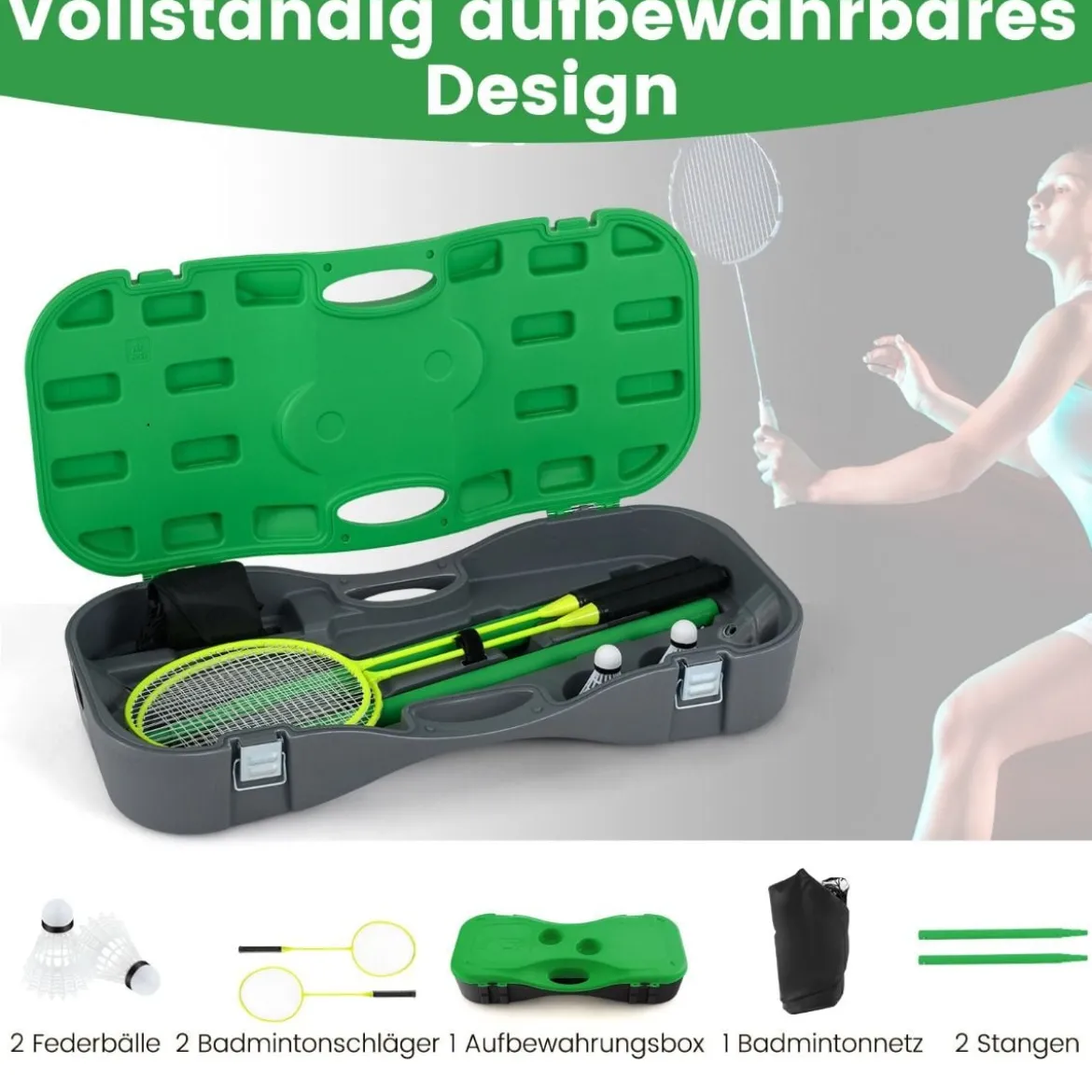 Badminton Netzständer tragbares Federballspiel mit Schlägern Komplett Badminton Set