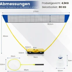 Badminton Netzständer tragbares Federballspiel mit Schlägern Komplett Badminton Set