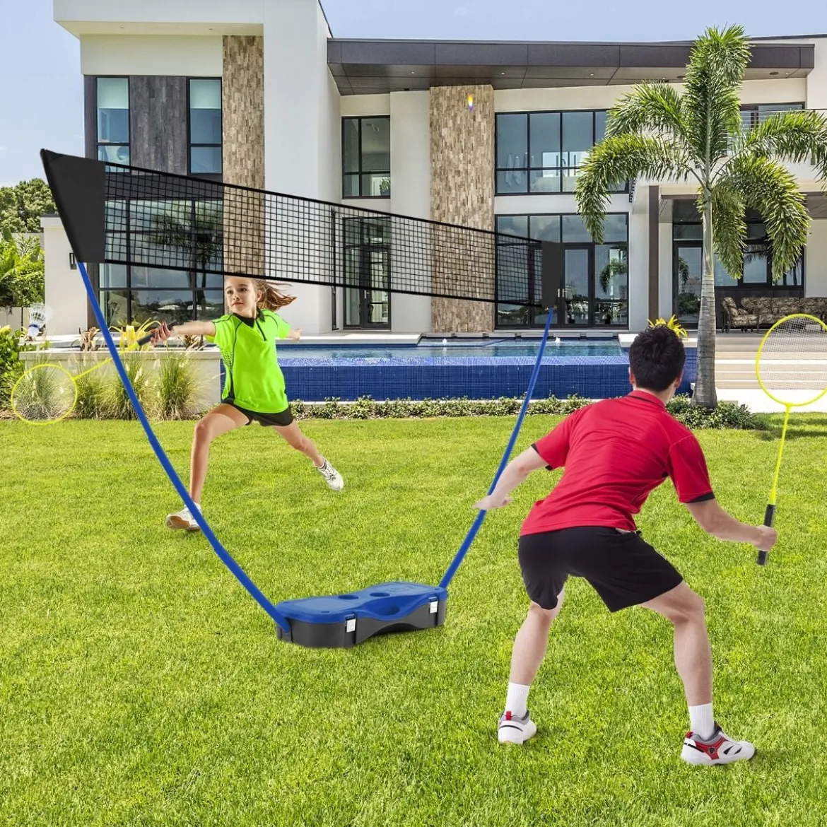 Badminton Netzständer tragbares Federballspiel mit Schlägern Komplett Badminton Set