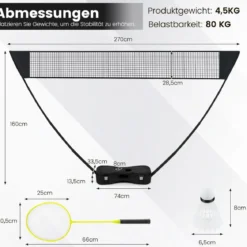 Badminton Netzständer tragbares Federballspiel mit Schlägern Komplett Badminton Set