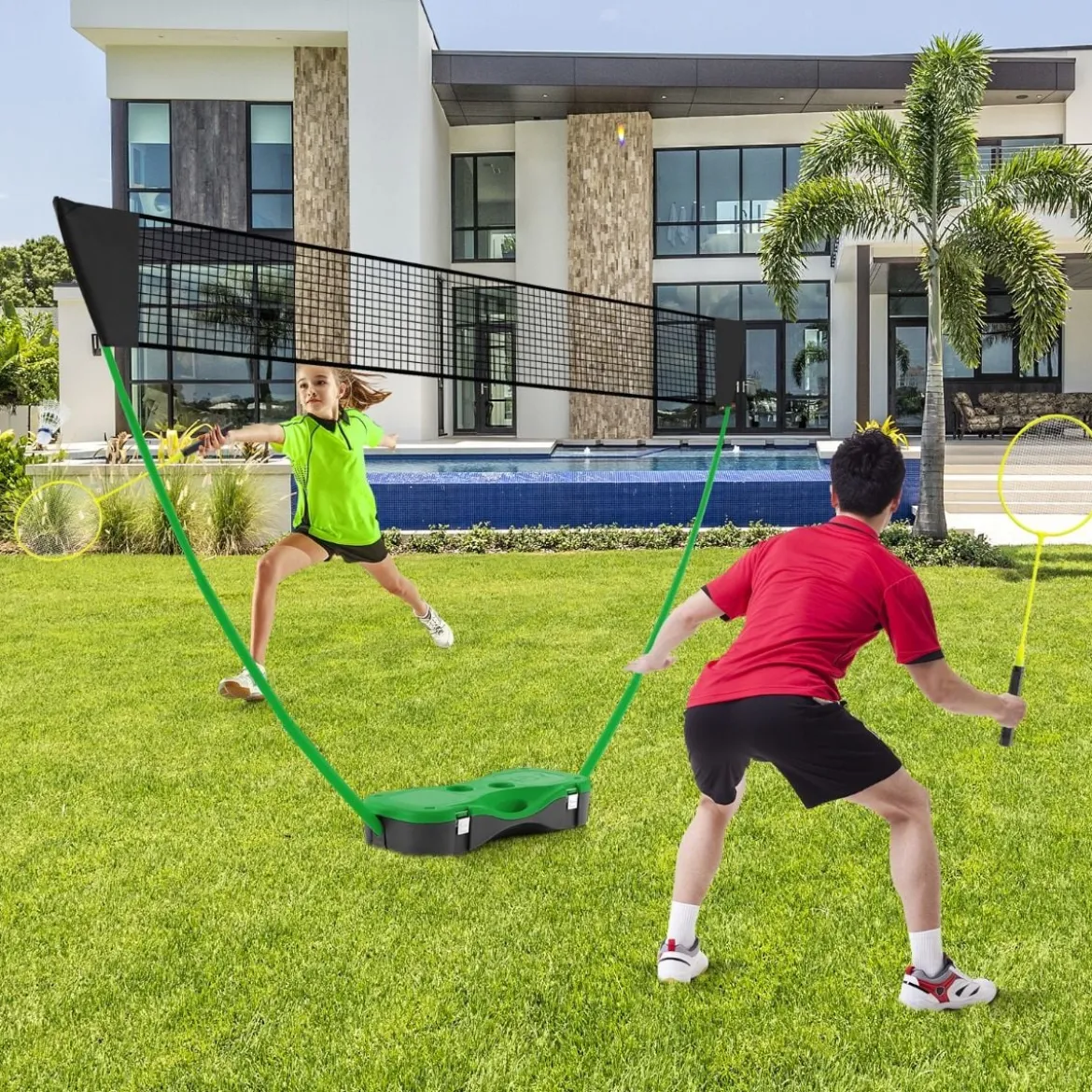 Badminton Netzständer tragbares Federballspiel mit Schlägern Komplett Badminton Set