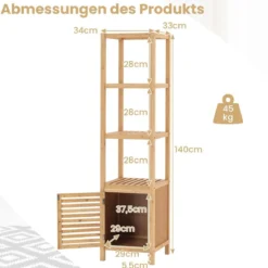Badregal Bambus Standregal mit 4 Ebenen Regalen und Lamellentür 34 x 33 x 140 cm Natur