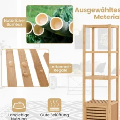 Badregal Bambus Standregal mit 4 Ebenen Regalen und Lamellentür 34 x 33 x 140 cm Natur
