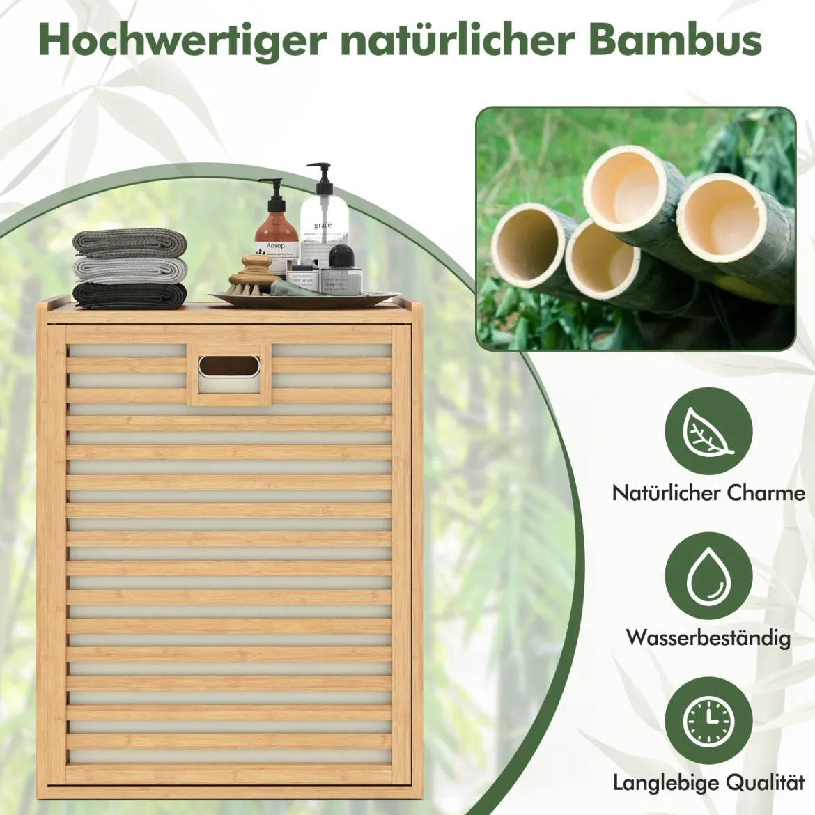 Badregal mit Wäschekorb 68 L Regal aus Bambus Badschrank mit Ablage Natur 50 x 35 x 64 cm