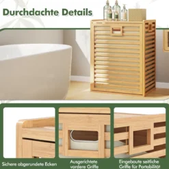 Badregal mit Wäschekorb 68 L Regal aus Bambus Badschrank mit Ablage Natur 50 x 35 x 64 cm