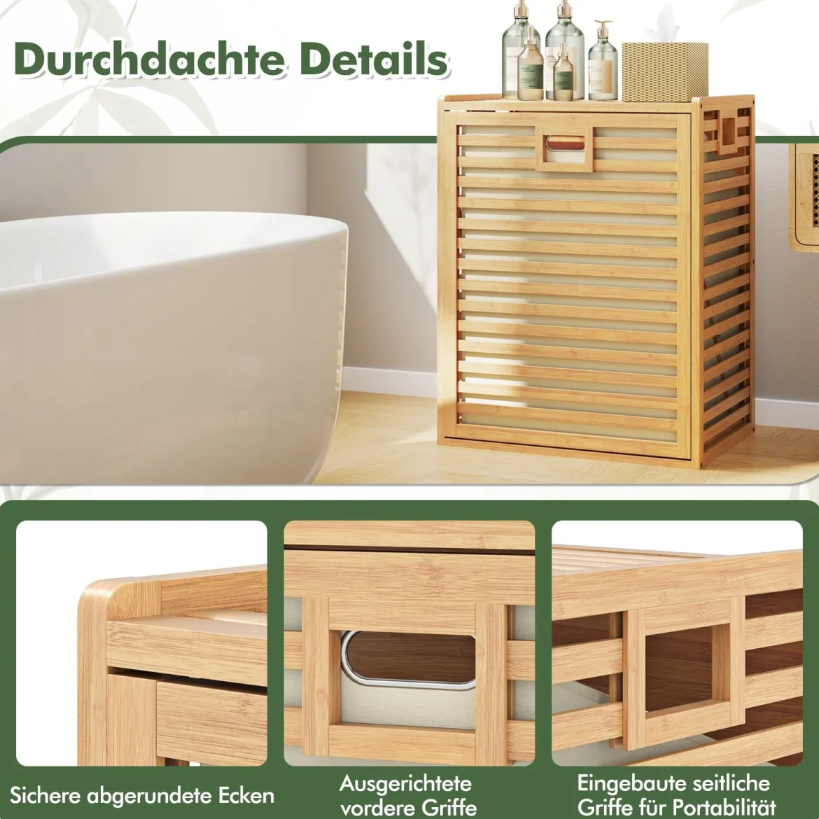 Badregal mit Wäschekorb 68 L Regal aus Bambus Badschrank mit Ablage Natur 50 x 35 x 64 cm