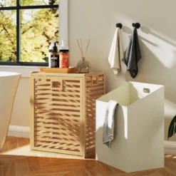 Badregal mit Wäschekorb 68 L Regal aus Bambus Badschrank mit Ablage Natur 50 x 35 x 64 cm